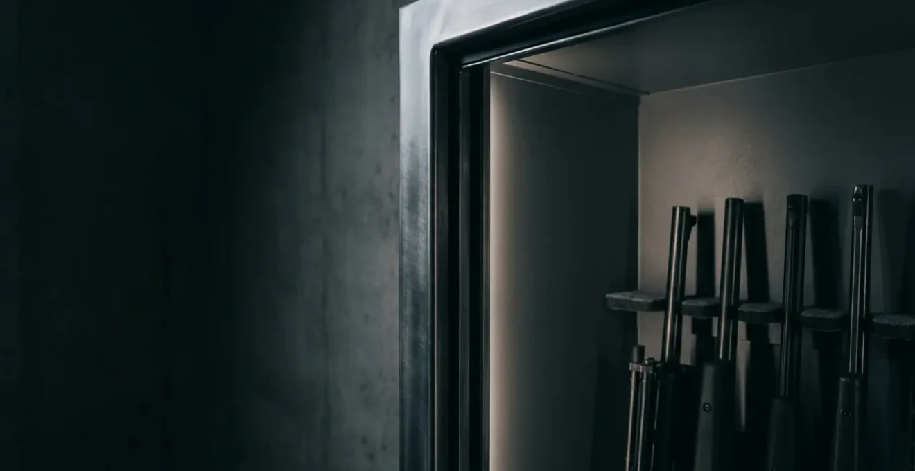 Vue d'angle d'une armoire forte ouverte montrant une collection d'armes organisée, éclairage intérieur LED tamisé