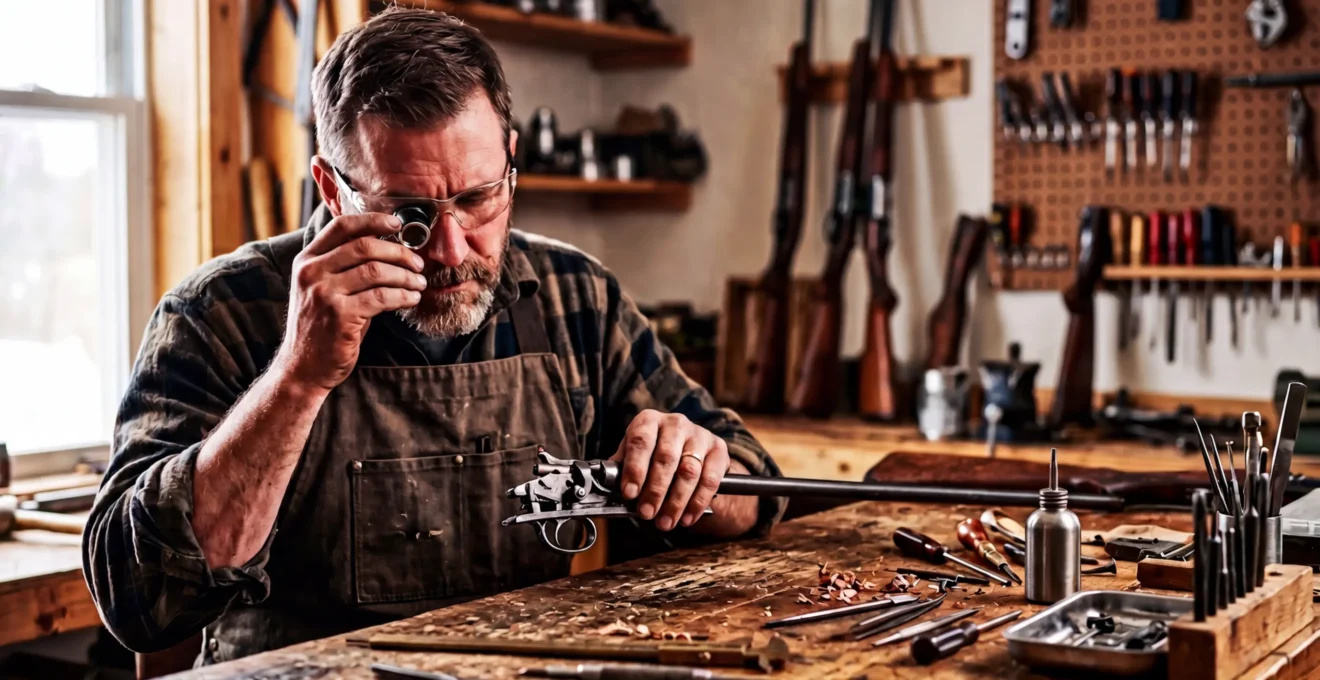 Armurier dans son atelier examinant une carabine avec précision, outils professionnels disposés sur l'établi