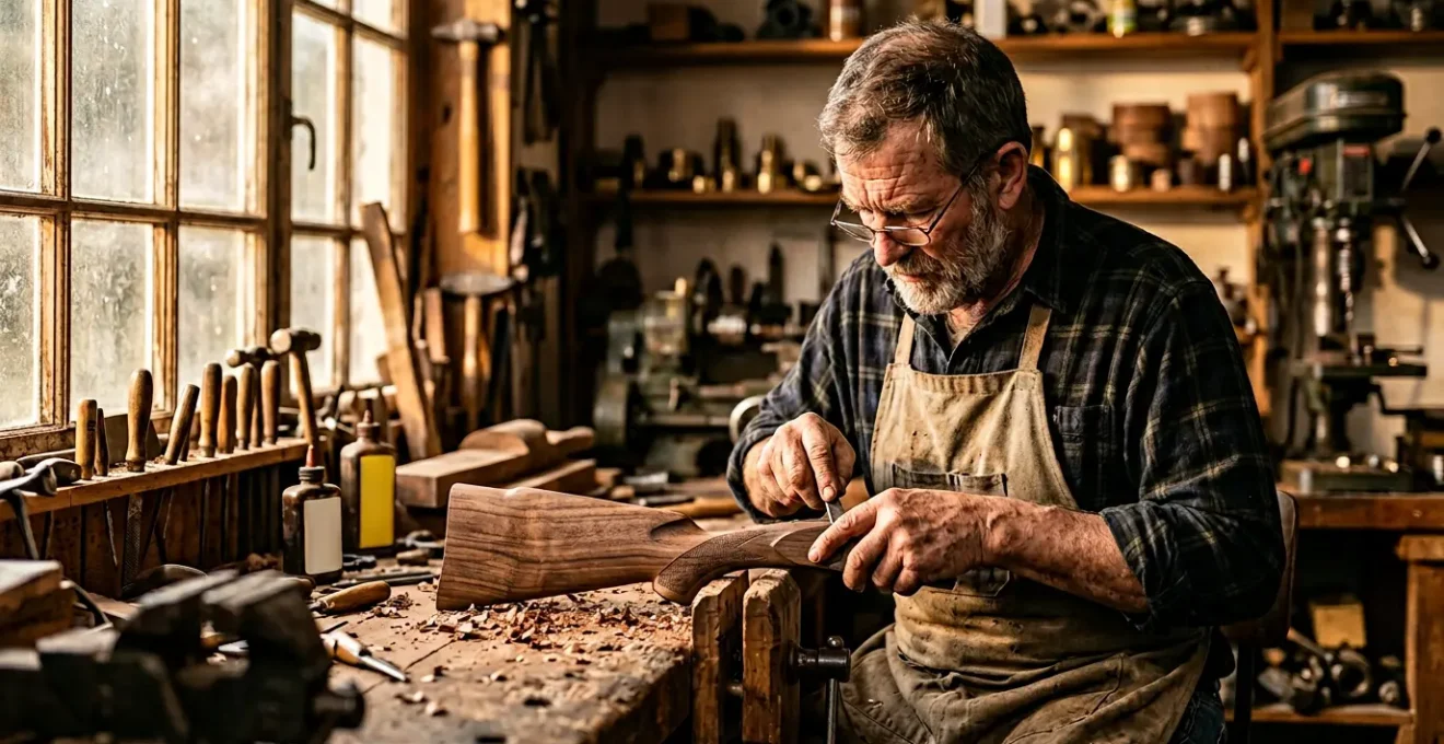 Artisan armurier travaillant sur une crosse de fusil dans son atelier traditionnel