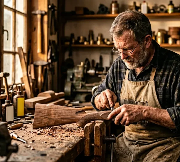 Artisan armurier travaillant sur une crosse de fusil dans son atelier traditionnel