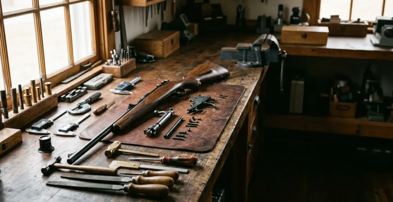 Atelier d'armurier avec établi professionnel et outils de précision