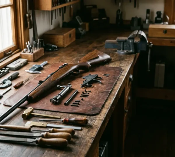 Atelier d'armurier avec établi professionnel et outils de précision