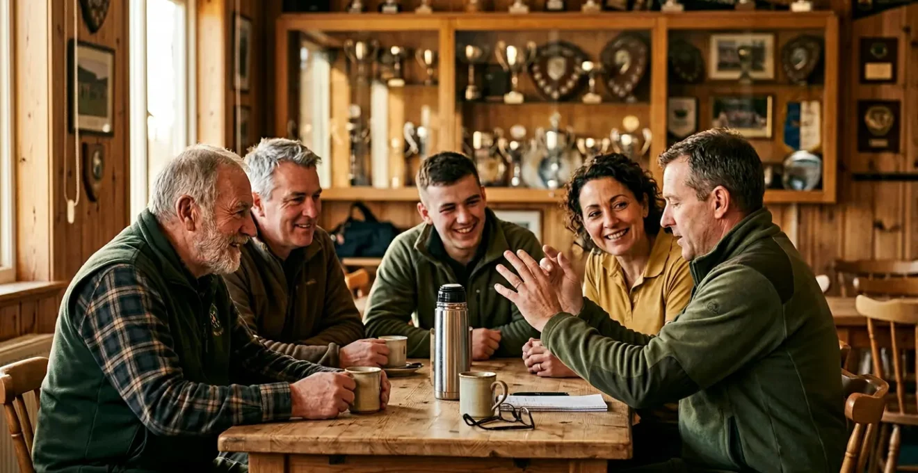 Des membres de club de tir partageant un moment convivial dans l'espace détente après une séance