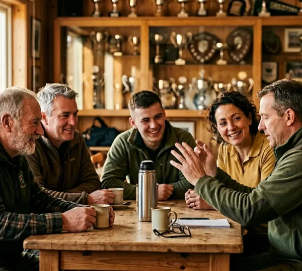 Des membres de club de tir partageant un moment convivial dans l'espace détente après une séance