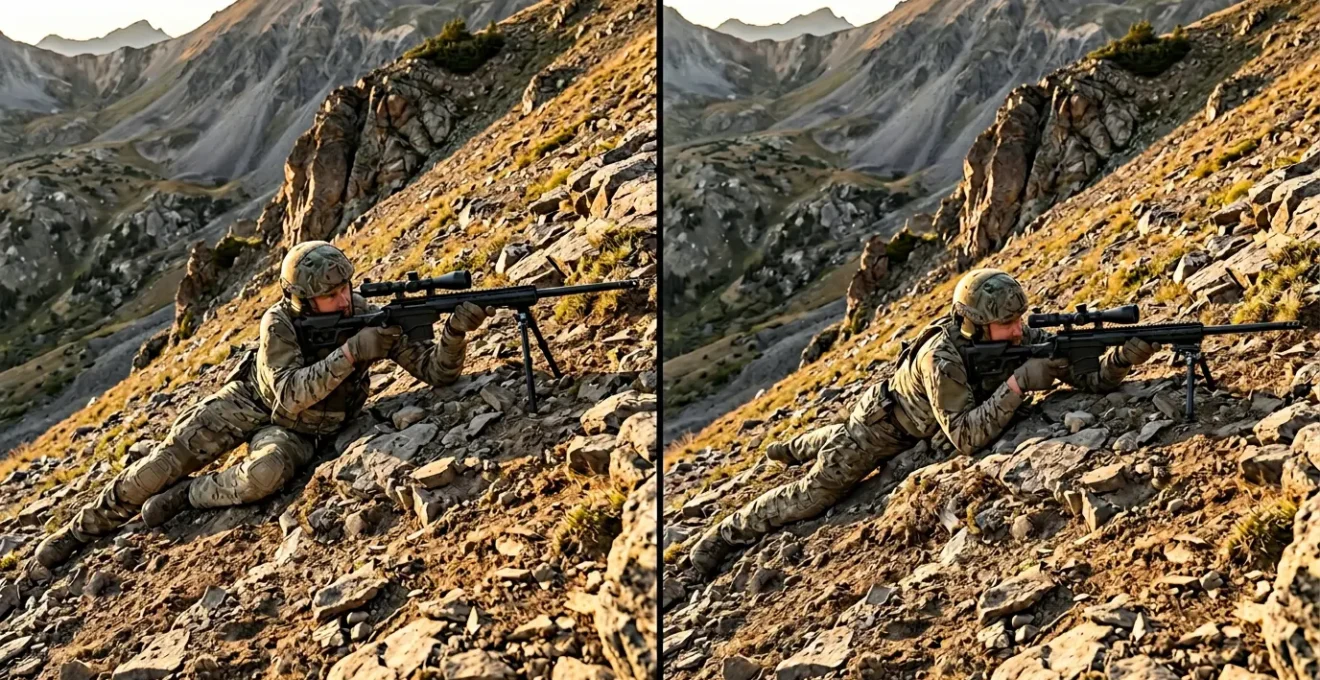 Comparaison entre bipied rigide et pendulaire sur terrain en pente pour tir de précision