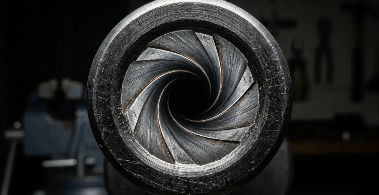 Vue rapprochée de l'intérieur d'un canon d'arme montrant les rayures et les résidus de tir