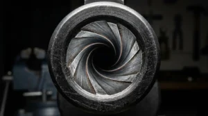 Vue rapprochée de l'intérieur d'un canon d'arme montrant les rayures et les résidus de tir