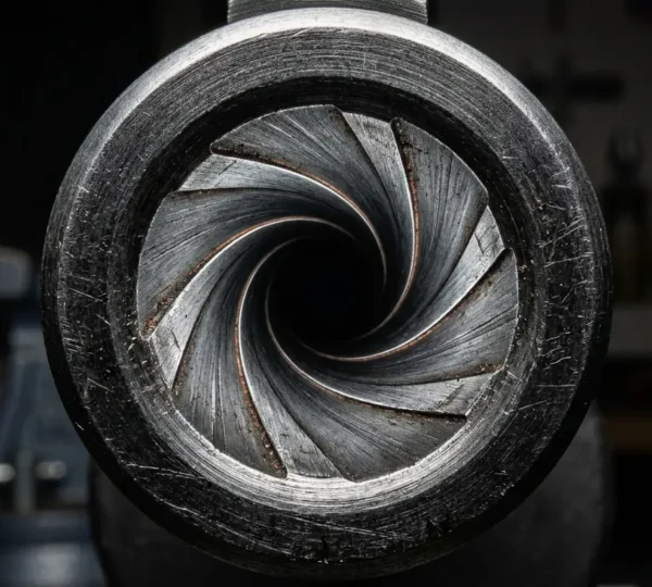 Vue rapprochée de l'intérieur d'un canon d'arme montrant les rayures et les résidus de tir