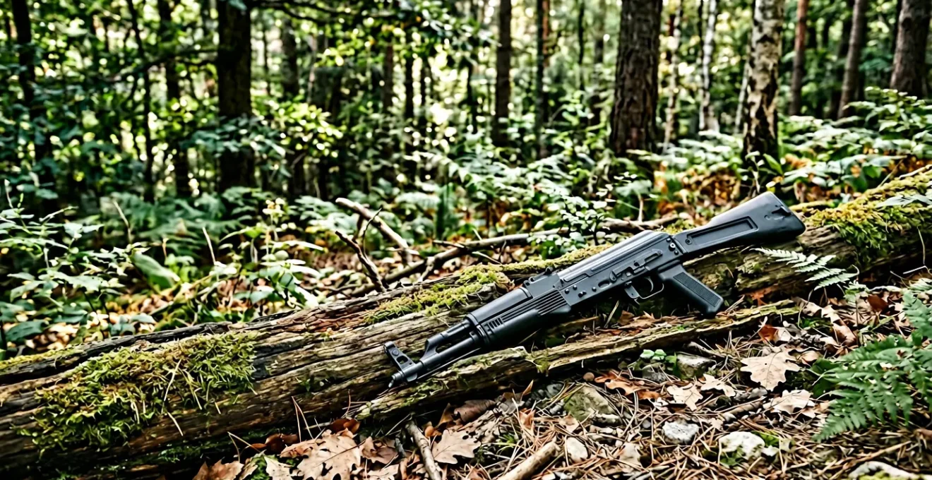 Carabine de survie pliante posée sur un tronc moussu dans une forêt, avec un paysage naturel en arrière-plan