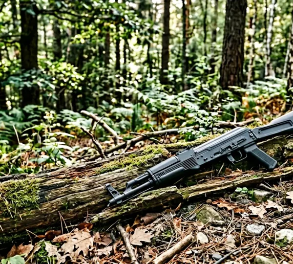 Carabine de survie pliante posée sur un tronc moussu dans une forêt, avec un paysage naturel en arrière-plan
