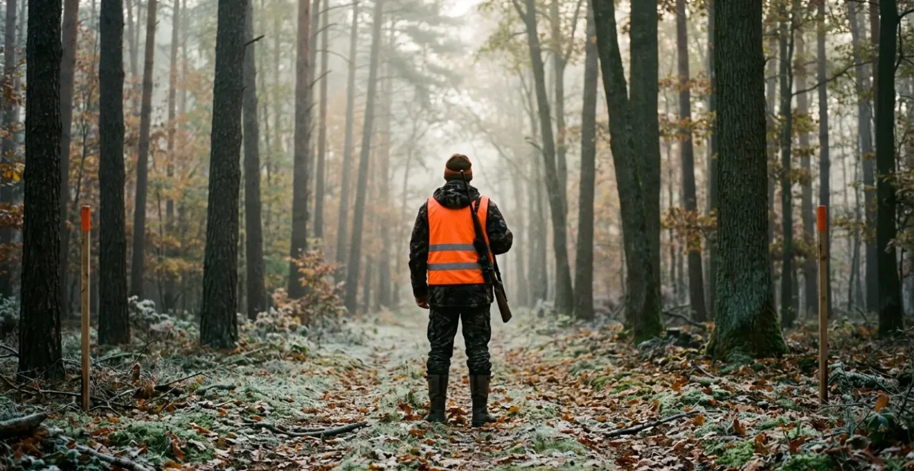 Chasseur au poste matérialisant l'angle de sécurité de 30 degrés avec des piquets dans un environnement forestier