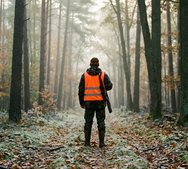 Chasseur au poste matérialisant l'angle de sécurité de 30 degrés avec des piquets dans un environnement forestier