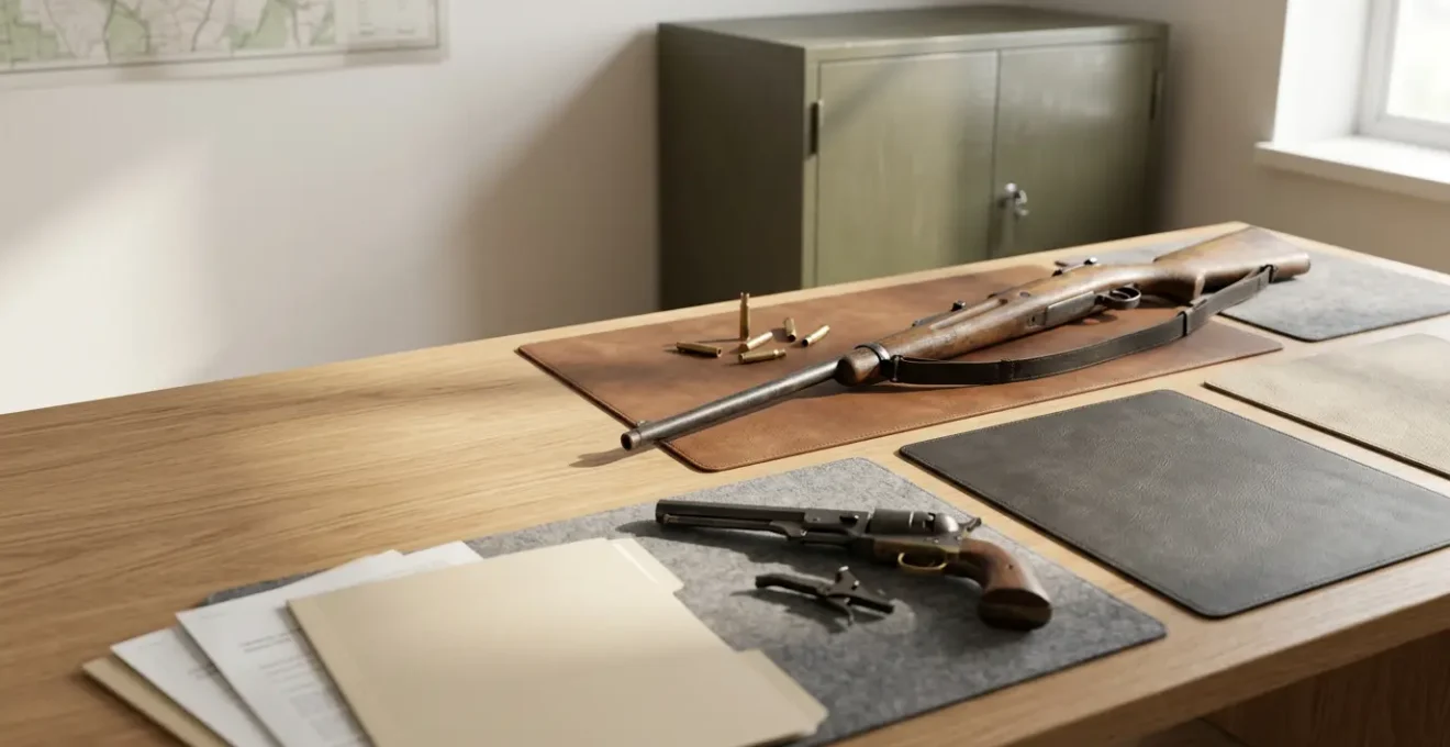 Vue détaillée de différentes catégories d'armes disposées sur une surface de bois avec documents administratifs