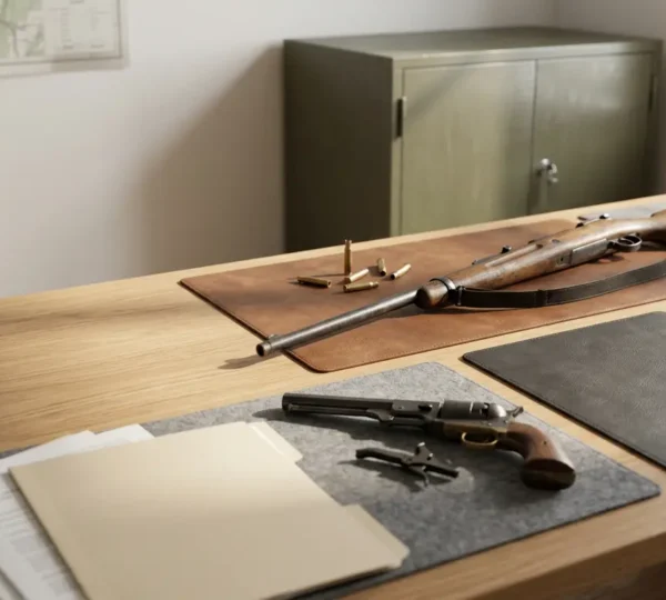 Vue détaillée de différentes catégories d'armes disposées sur une surface de bois avec documents administratifs