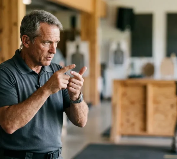 Coach sportif analysant la technique d'un tireur en situation d'entraînement