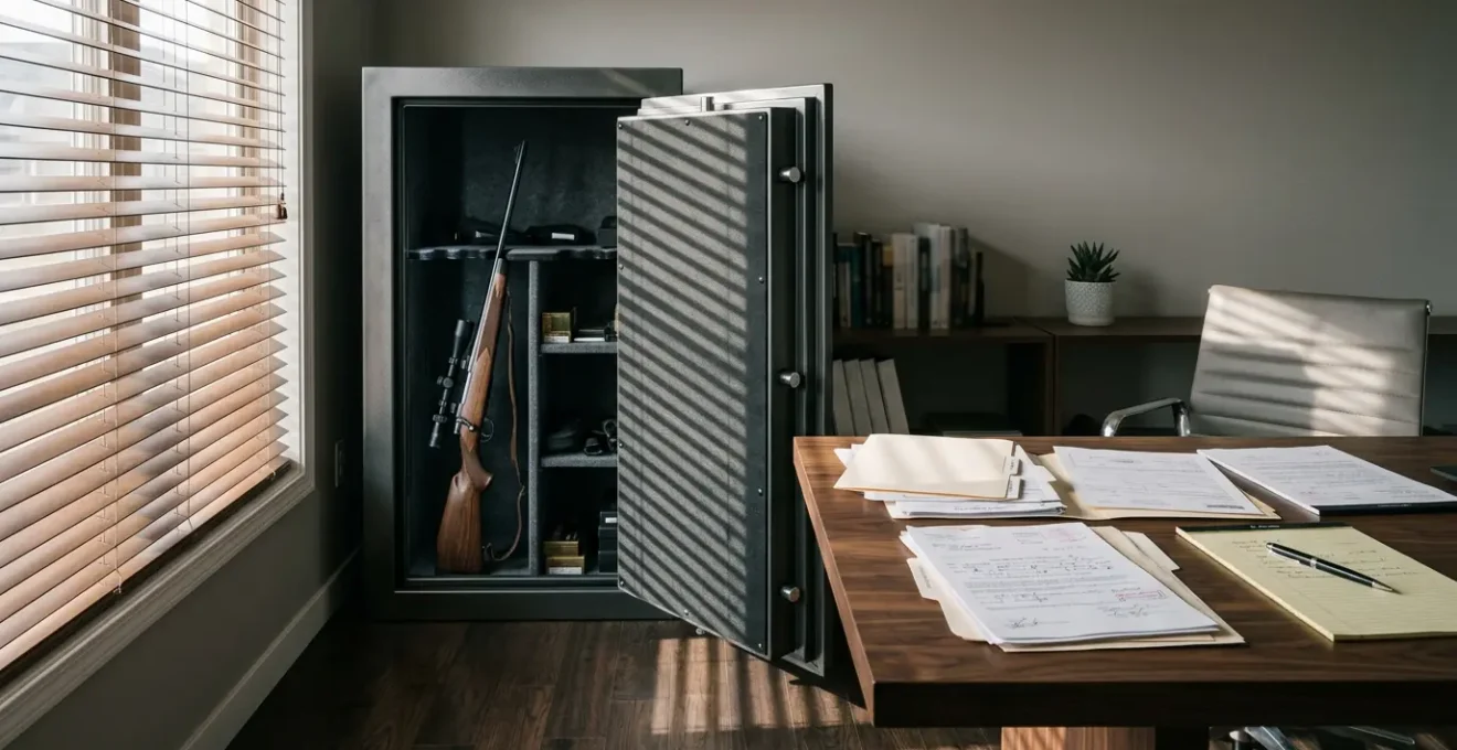 Coffre-fort entrouvert montrant une arme de chasse dans un intérieur moderne, avec des documents officiels sur une table