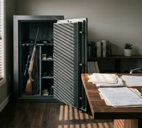 Coffre-fort entrouvert montrant une arme de chasse dans un intérieur moderne, avec des documents officiels sur une table