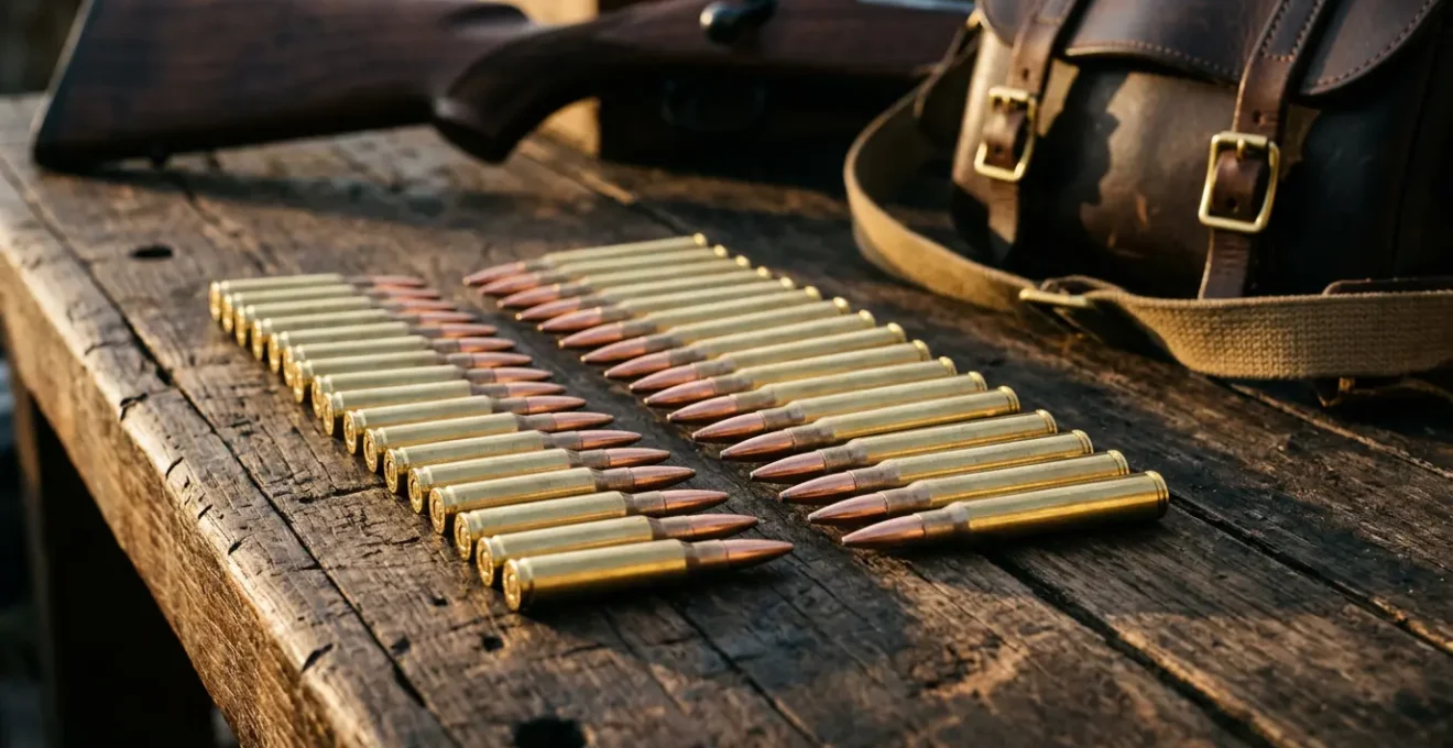 Comparaison visuelle entre cartouches .308 Winchester et .30-06 Springfield sur table en bois