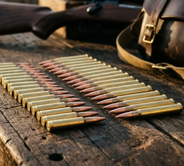 Comparaison visuelle entre cartouches .308 Winchester et .30-06 Springfield sur table en bois