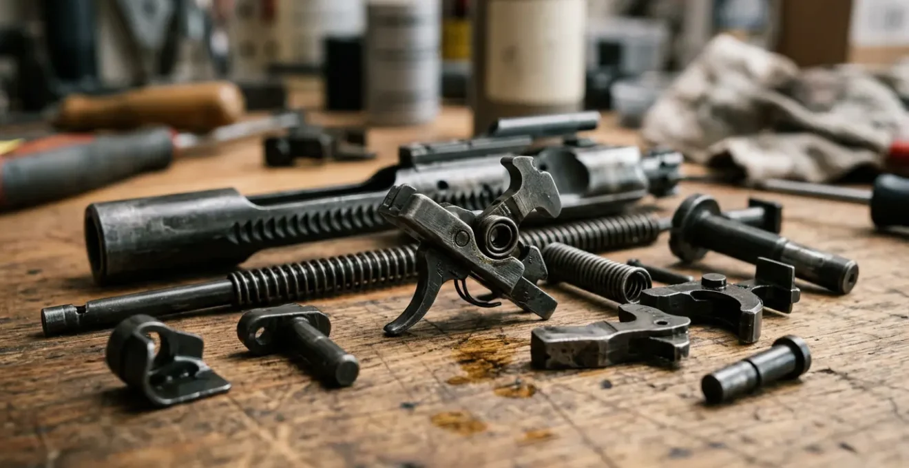 Mécanisme de pistolet démonté avec différents types de lubrifiants spécialisés sur surface de travail professionnelle