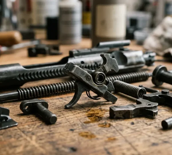 Mécanisme de pistolet démonté avec différents types de lubrifiants spécialisés sur surface de travail professionnelle