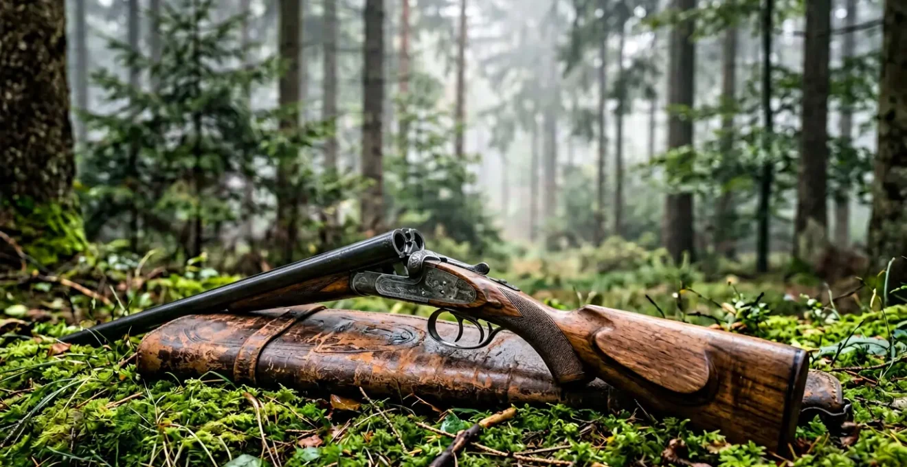 Fusil drilling ouvert montrant ses trois canons dans une scène de chasse en forêt avec chasseur contemplant le paysage