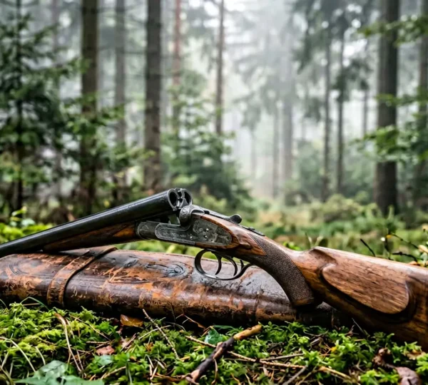 Fusil drilling ouvert montrant ses trois canons dans une scène de chasse en forêt avec chasseur contemplant le paysage