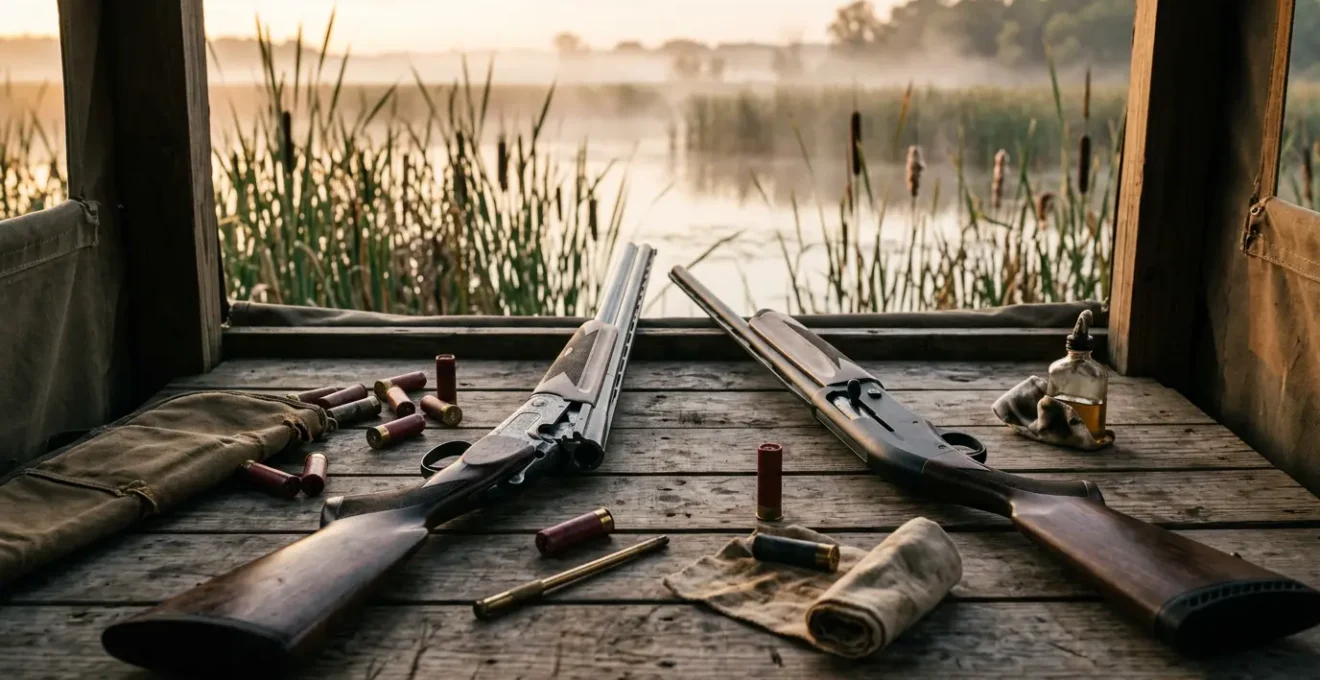 Deux fusils de chasse posés sur une table en bois avec des cartouches et un marais en arrière-plan au lever du soleil