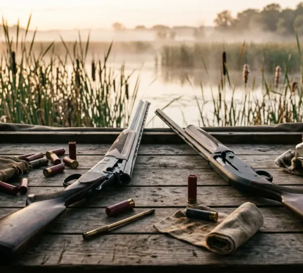 Deux fusils de chasse posés sur une table en bois avec des cartouches et un marais en arrière-plan au lever du soleil