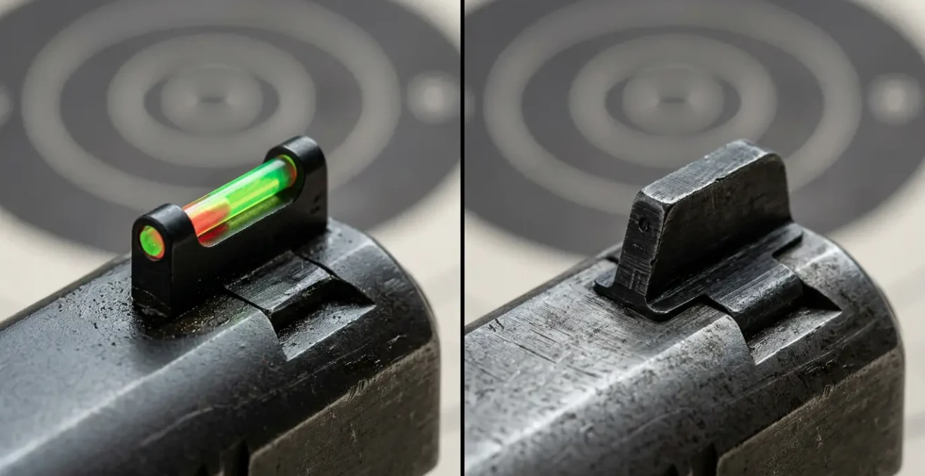 Comparaison entre un guidon à fibre optique lumineux et un guidon acier noir mat sur des canons de pistolet avec cible carton en arrière-plan