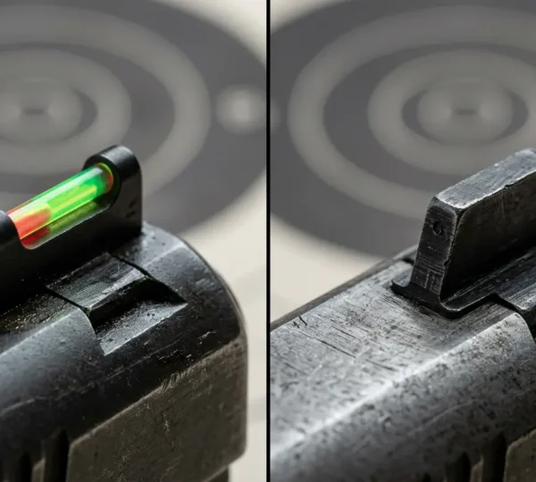 Comparaison entre un guidon à fibre optique lumineux et un guidon acier noir mat sur des canons de pistolet avec cible carton en arrière-plan