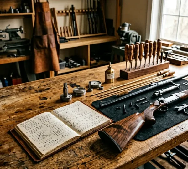 Armes de collection soigneusement entretenues avec carnet d'historique sur table en bois noble