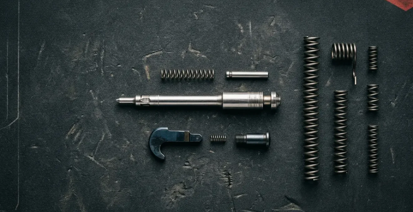 Vue détaillée de pièces détachées critiques pour armes disposées sur un établi d'armurier