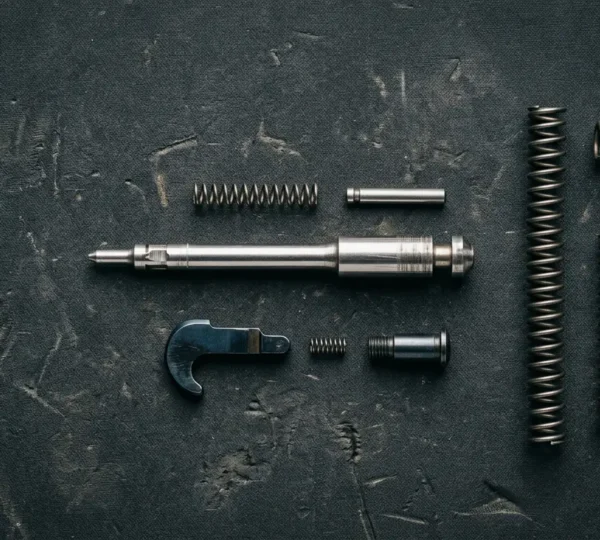Vue détaillée de pièces détachées critiques pour armes disposées sur un établi d'armurier