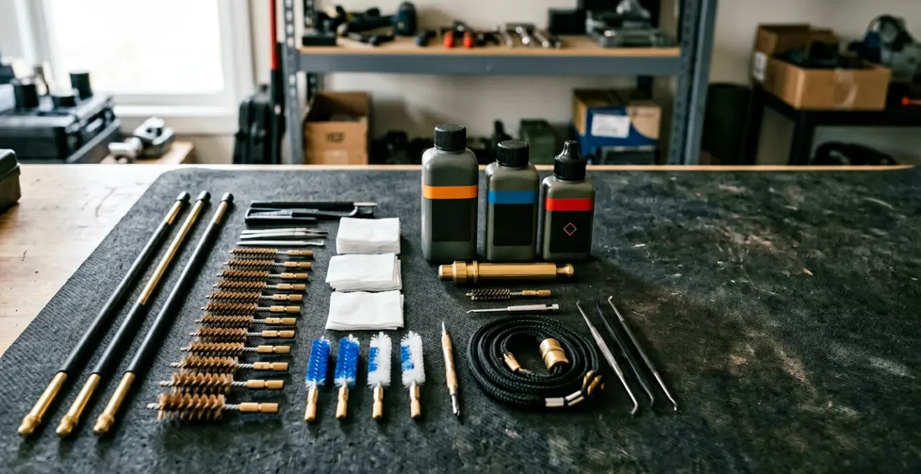 Kit d'entretien d'arme disposé sur tapis de nettoyage avec outils organisés