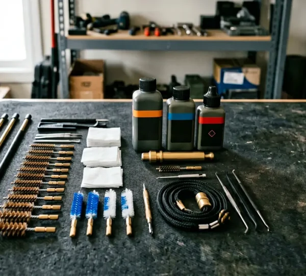 Kit d'entretien d'arme disposé sur tapis de nettoyage avec outils organisés