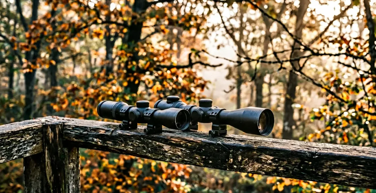 Comparaison visuelle entre lunettes de battue 1-4x24 et 1-6x24 dans un environnement forestier