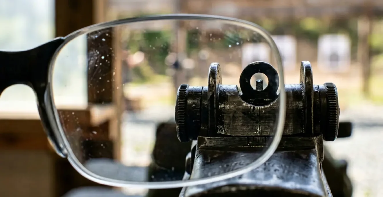 Vue macro d'organes de visée nets à travers un verre de lunette de tir spécialisée