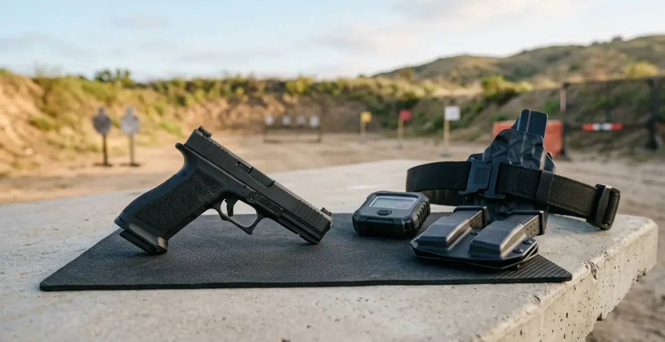 Pistolet 9mm posé sur un stand de tir avec équipement de TSV et chronographe