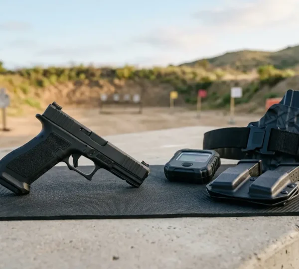 Pistolet 9mm posé sur un stand de tir avec équipement de TSV et chronographe