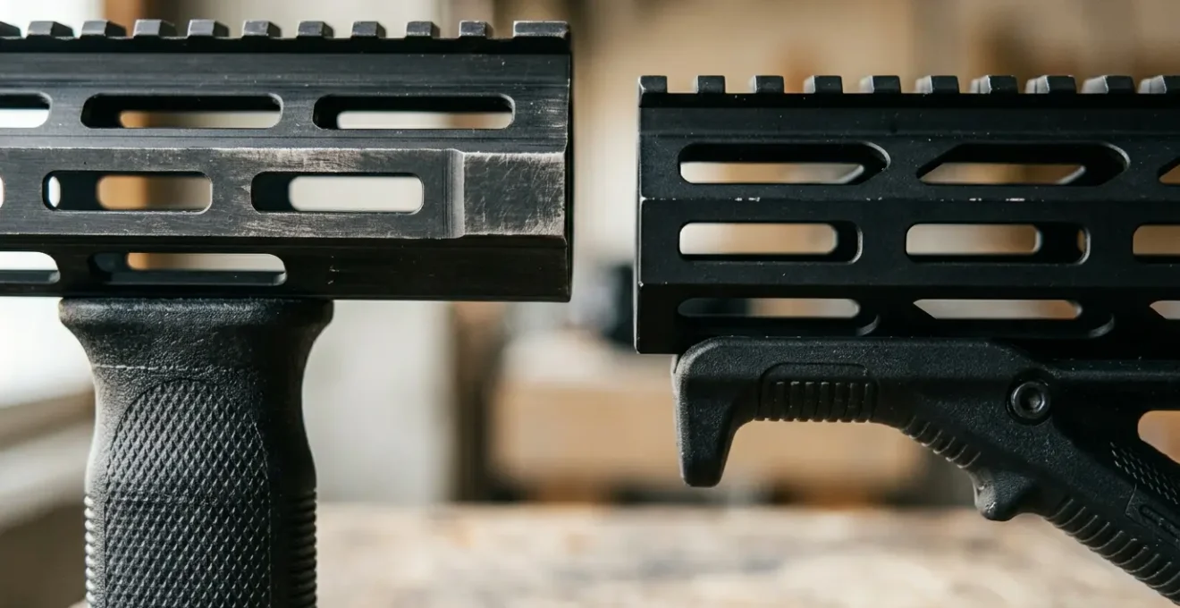 Comparaison entre une poignée verticale et une poignée angulaire montées sur une arme longue, montrant les différentes prises en main possibles