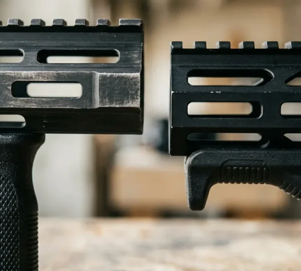 Comparaison entre une poignée verticale et une poignée angulaire montées sur une arme longue, montrant les différentes prises en main possibles