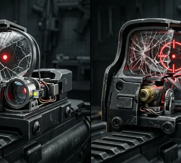 Comparaison technique entre viseur point rouge et holographique montrant leur structure interne et résistance