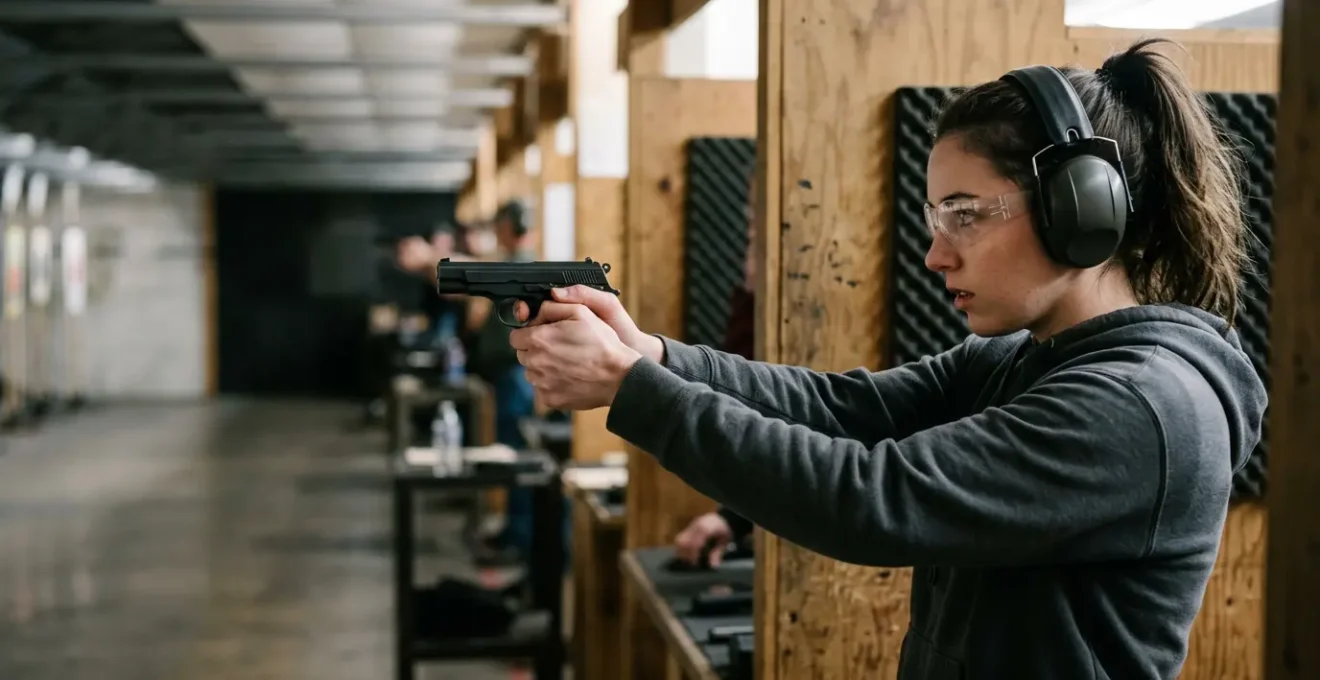 Tireur débutant concentré en position de tir au pistolet dans un stand