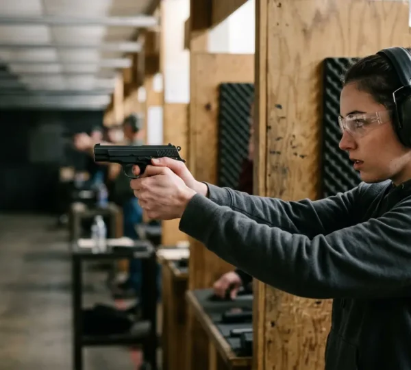 Tireur débutant concentré en position de tir au pistolet dans un stand