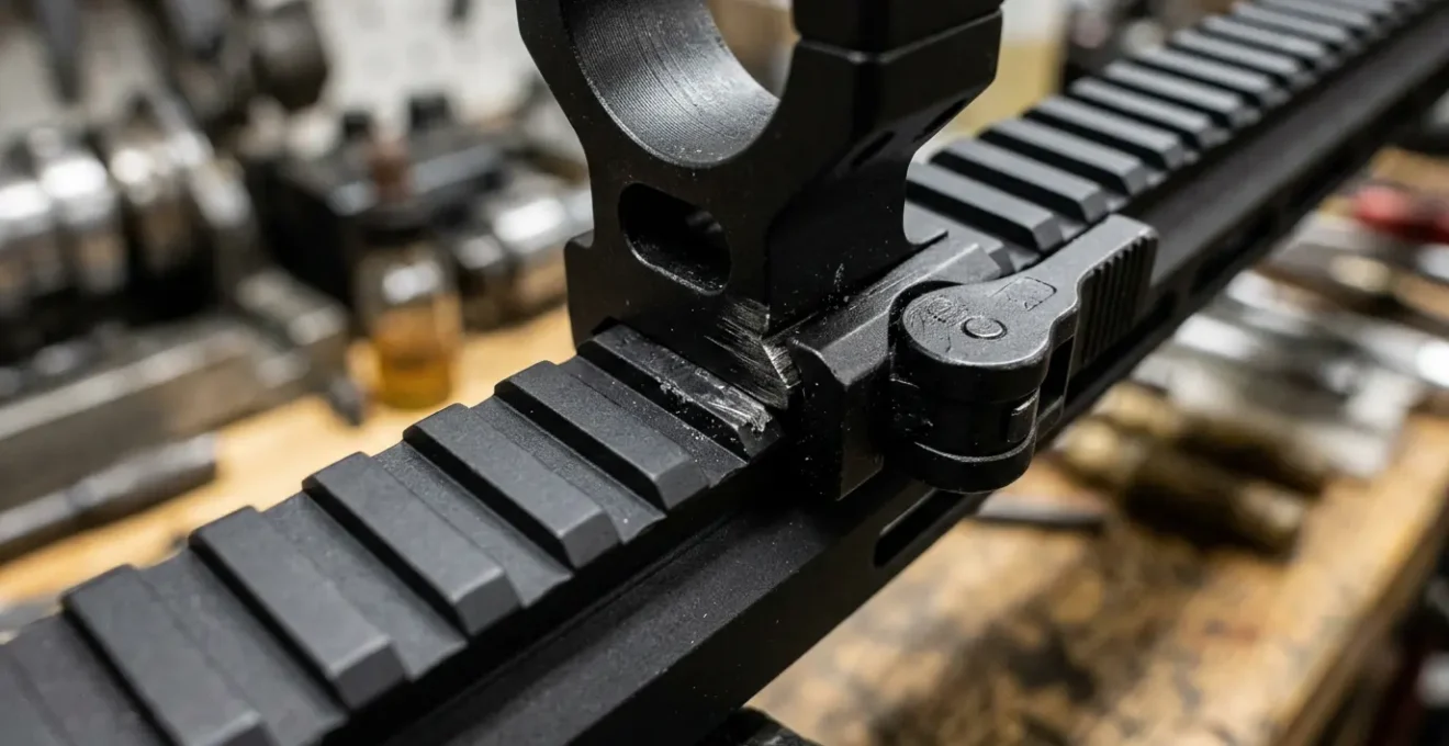 Gros plan sur un rail Picatinny monté sur une arme avec différents accessoires