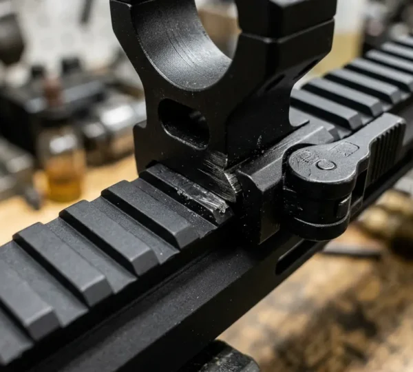 Gros plan sur un rail Picatinny monté sur une arme avec différents accessoires