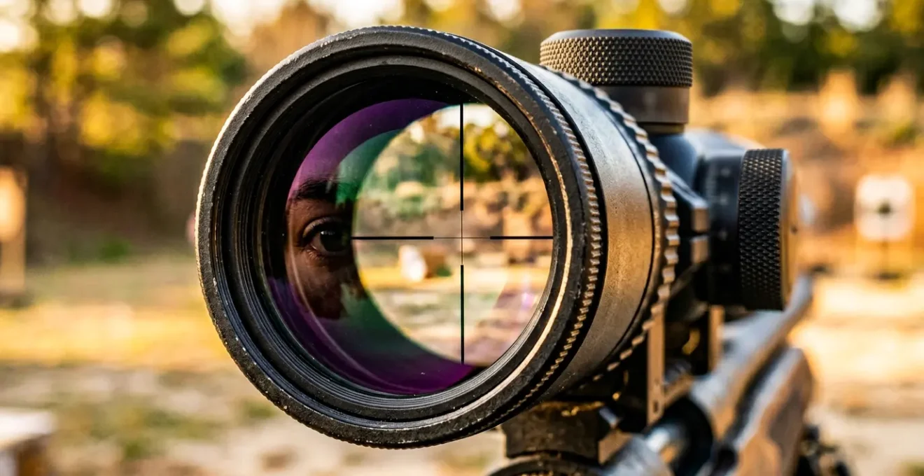 Lunette de tir haute définition montrant le réticule avec marquages de mesure et l'œil du tireur en position d'observation