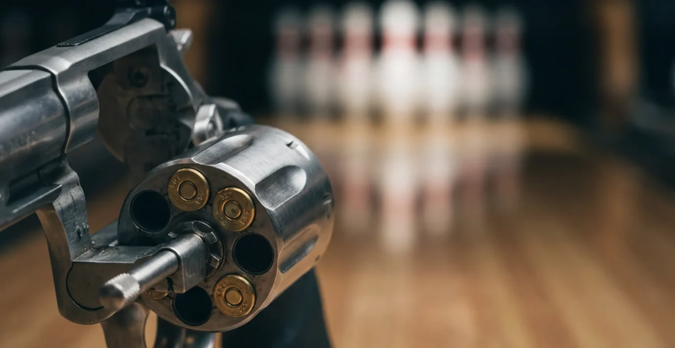 Gros plan sur le barillet d'un revolver .357 Magnum avec des balles visibles et une quille de bowling floue en arrière-plan