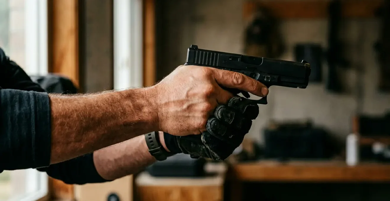Mains tenant un pistolet moderne en position Thumbs Forward, pouces alignés vers l'avant